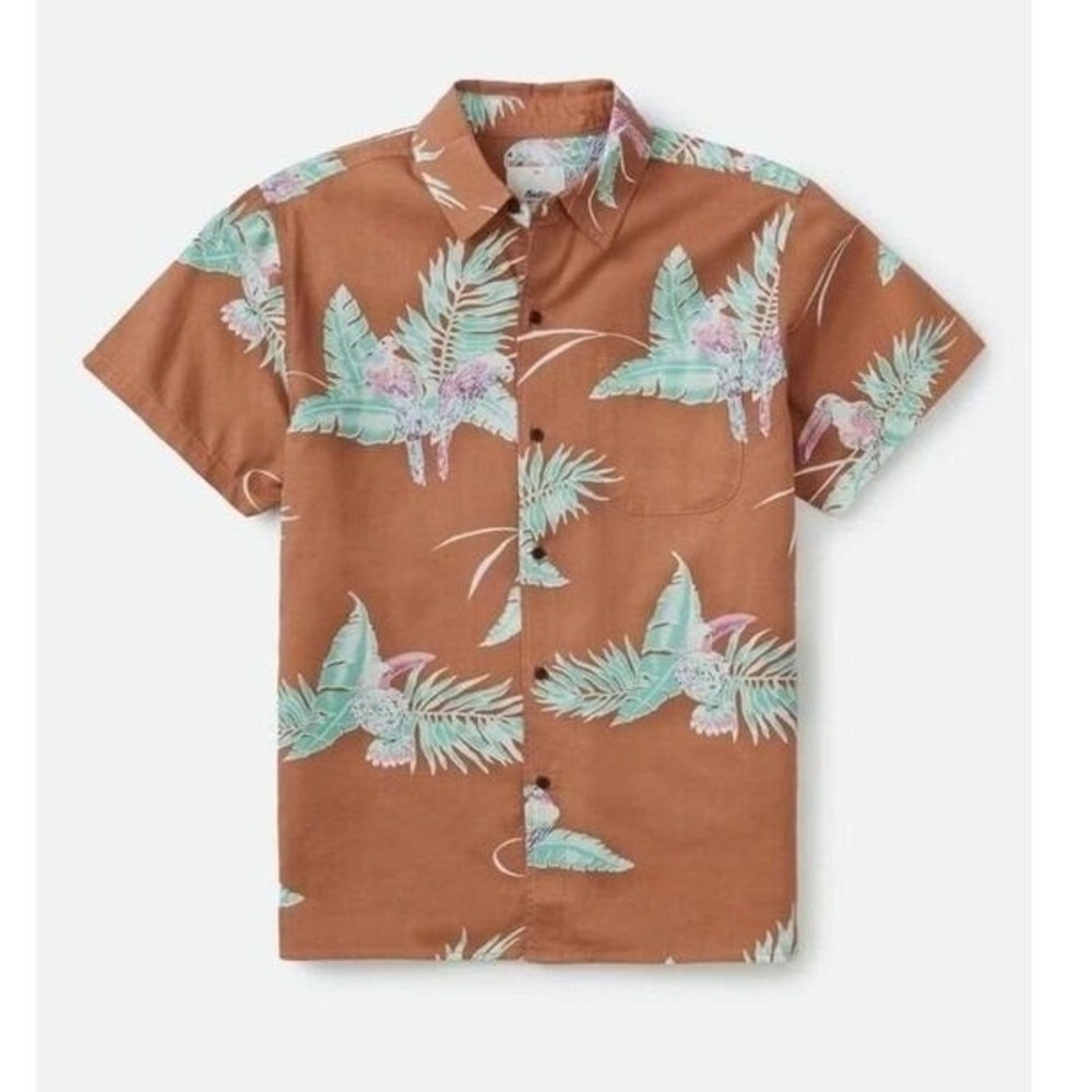 Katin Short Sleeve Button Up Shirt Red Clay Tropical Bird Floral Print NWT SZ M